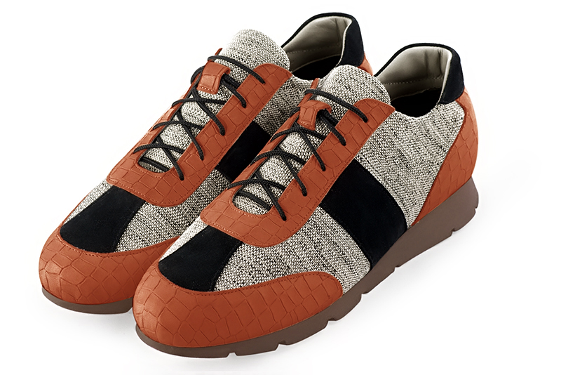Terracotta orange, ash grey and matt black three-tone dress sneakers for men. Round toe. Flat rubber soles - Florence KOOIJMAN